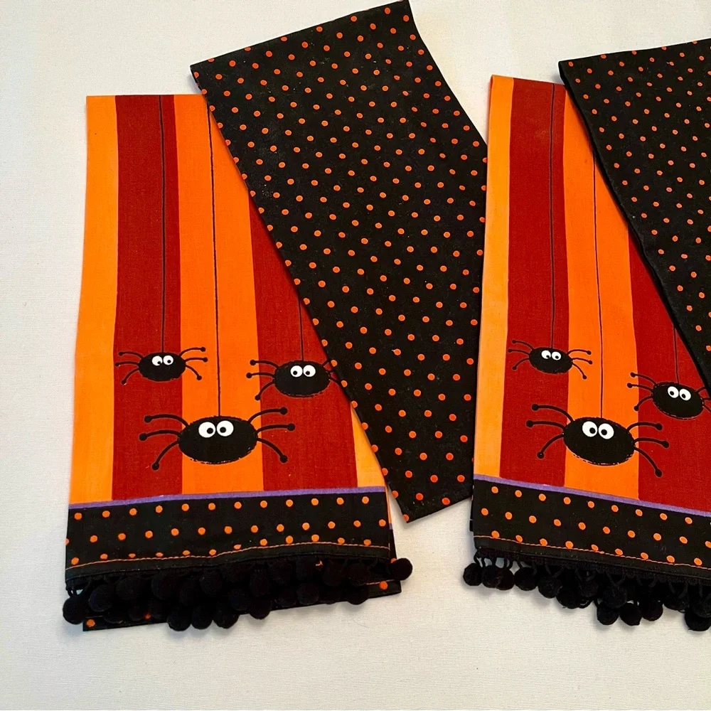 (4) Halloween Kitchen Guest Hand Towels Spiders Polka Dots Stripes Pom Poms